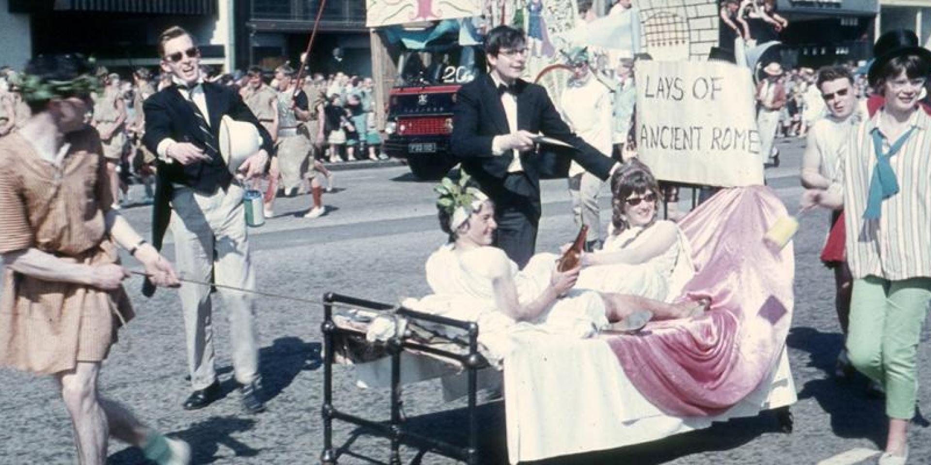 Members of the year give a new meaning to ‘Lays of Ancient Rome’ in the Rag Week parade along Princes Street c.1961.