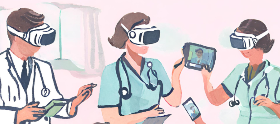 drawing of 3 medical professionals wearing virtual reality headsets