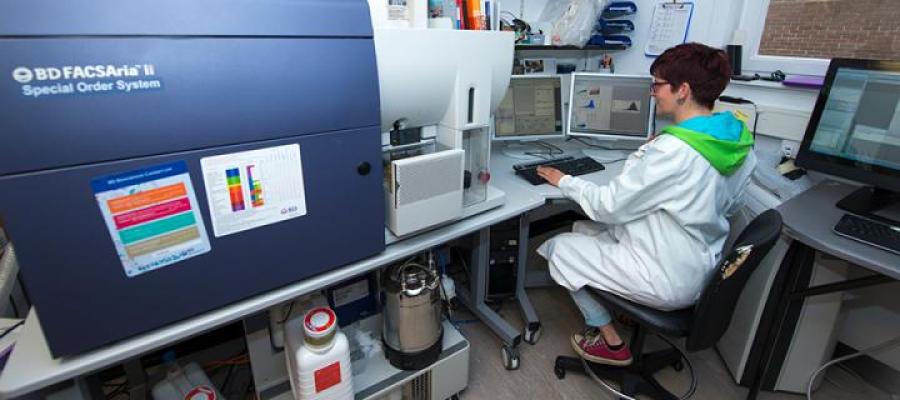 Researcher sitting at a desk and typing