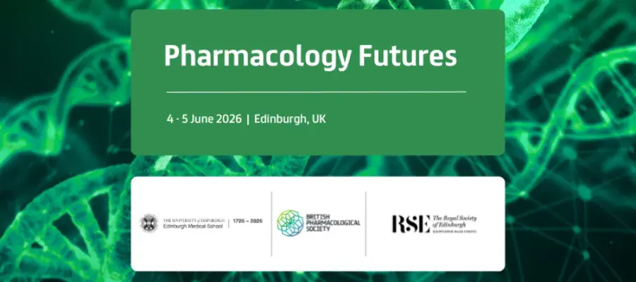 DNA sequencing green background with Pharmacology Futures title text, event details and collaborator logos.
