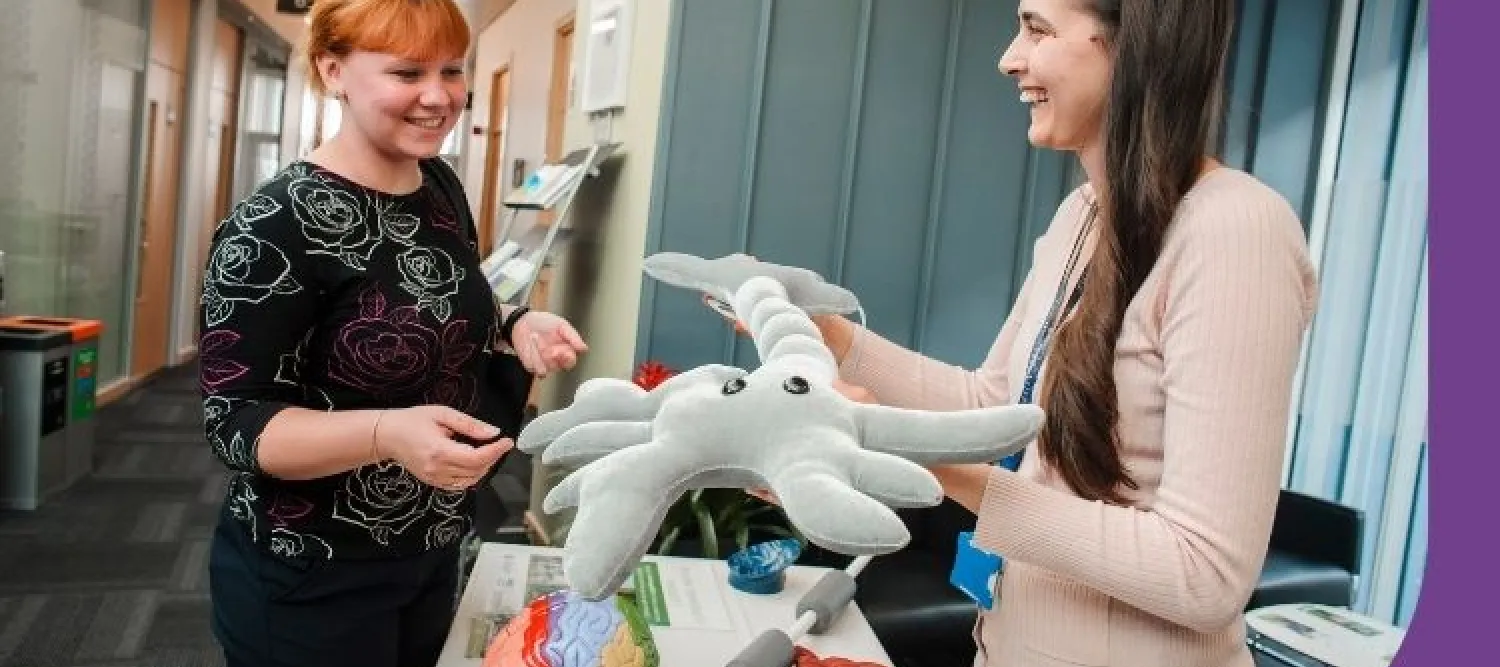 Interior of the Anne Rowling Clinic on a Research Open Evening. A researcher is showing a guest a cuddly plush toy neuron. On the table is a colourful model of a brain.