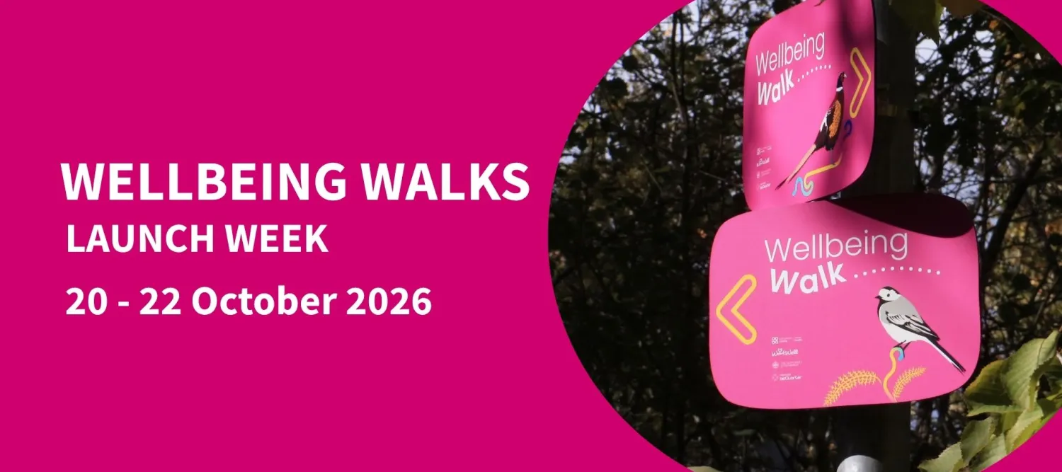 Pink background with image showing pink signs with trees in background. Text reads Wellbeing Walks Launch Week