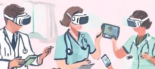drawing of 3 medical professionals wearing virtual reality headsets