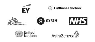 Logos of EY, Lufthansa Technik, Medecins sans frontieres, Oxfam, the NHS, the United Nations and Astra Zeneca