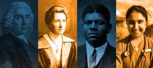 Montage of four people: three historical figures and a current MBChB student