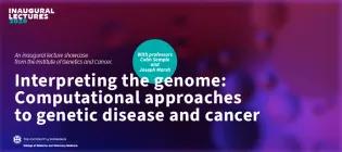 Abstract background image with foreground text reading "Interpreting the genome"