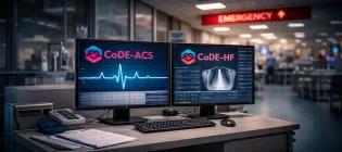CoDE-ACS and CoDE-HF decision-support tools displayed in an Emergency Department setting to support rapid diagnosis of serious heart conditions.