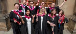 Photof the first group of students to graduate from HCP-Med, taken outside McEwan Hall. 