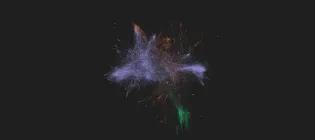 Network map of biological functions associated with mental health. Purple, orange, and green strands look drops of paint on a dark background.