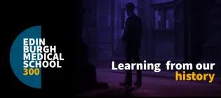 Title page for Learning from our history series of talks including the title name and visual identity plus an image of a man standing in the archway to the old medical school.