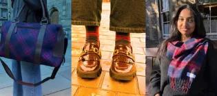 Trio of images showing Edinburgh Medical School tartan bag, socks and scarf