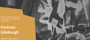black and white image of person in lab coat over a stethoscope with event title on yellow background.