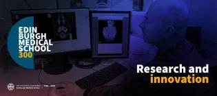 Image of a man looking at research on two computer screens, with logo and text reading 'research and innovation'