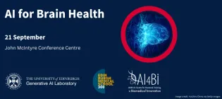 Blue background with image of brain, event title and supporter logos