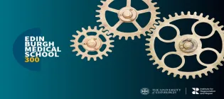 Edinburgh Medical School 300 logo and 3 cogs on blue background