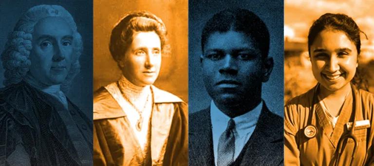 Montage of four people: three historical figures and a current MBChB student