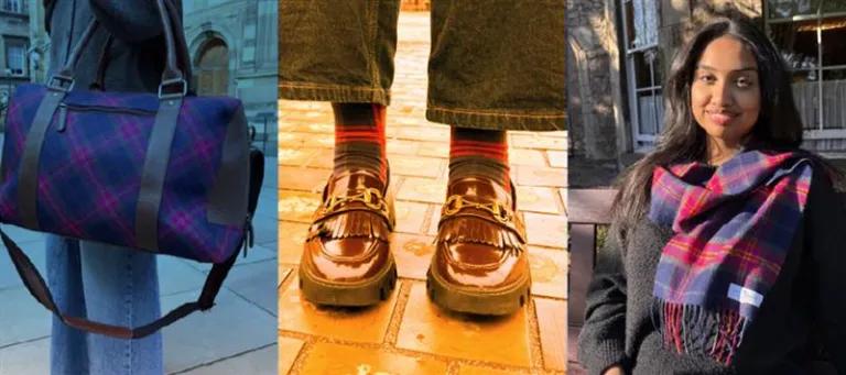 Trio of images showing Edinburgh Medical School tartan bag, socks and scarf