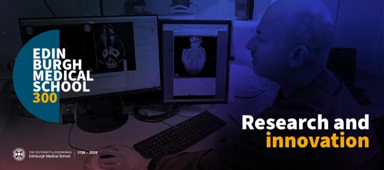 Image of a man looking at research on two computer screens, with logo and text reading 'research and innovation'