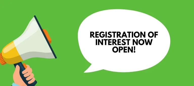 Megaphone with speech bubble stating registration is open