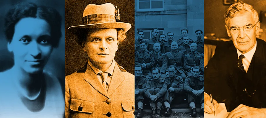 Montage of four images: Agnes Yewande Savage, Elsie Inglis, cadet officers taking part in the Polish School of Medicine, Norman Dott