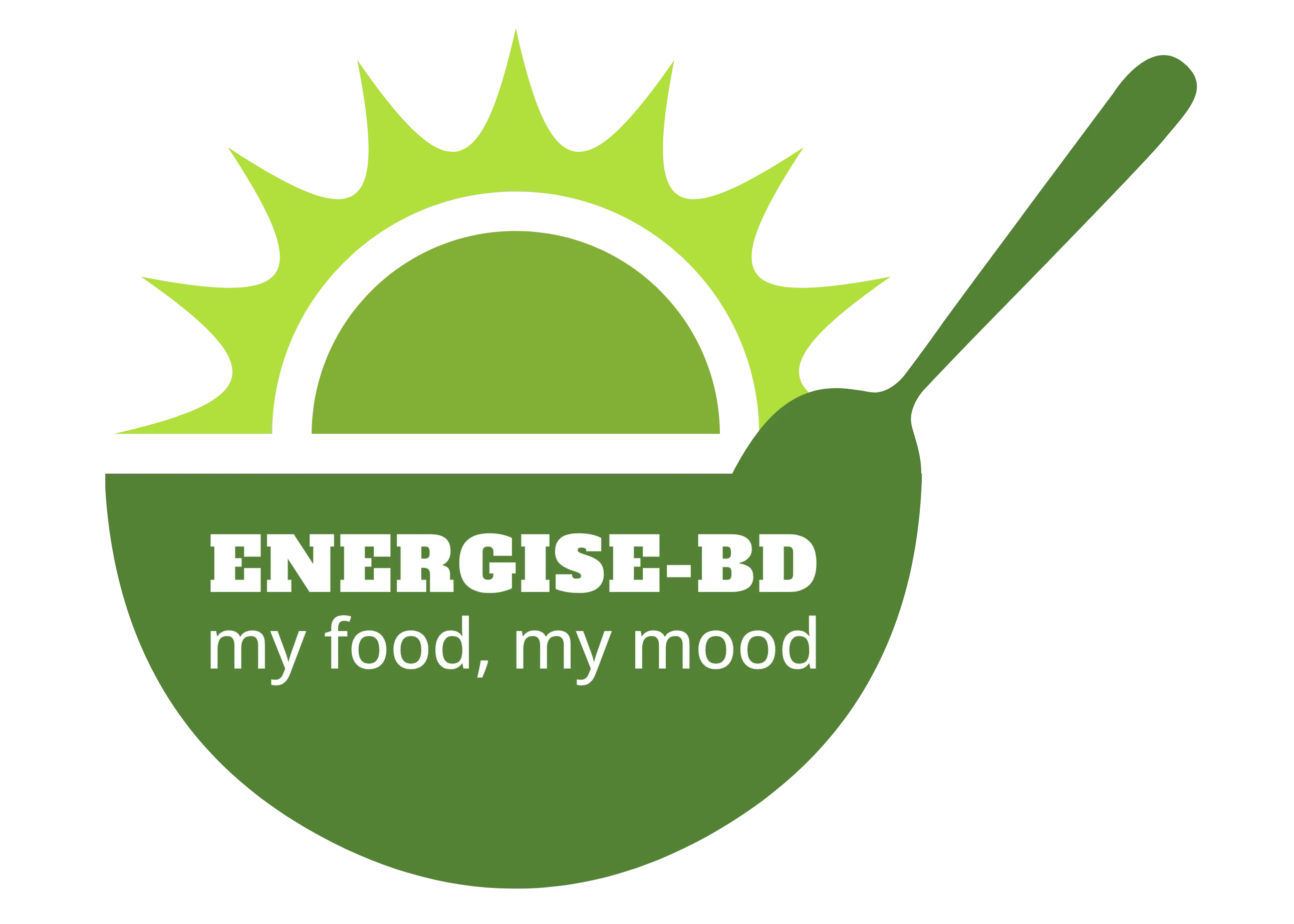 Green bowl and spoon with sun rays coming off the top and ENERGISE-BD acronym