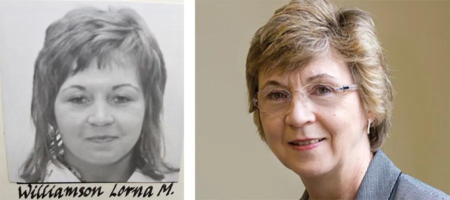 Two pictures of Lorna Williamson - from her student days and present day.