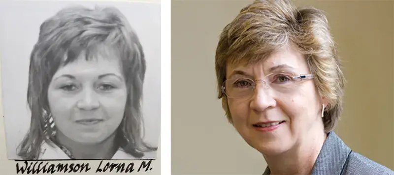 Two pictures of Lorna Williamson - from her student days and present day.