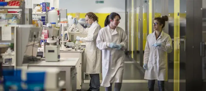 Two researchers walking a corridor