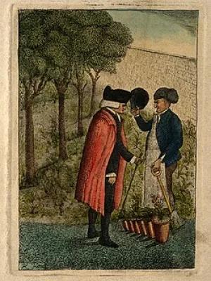 Archive painting of John Hope in conversation with a colleague in a garden