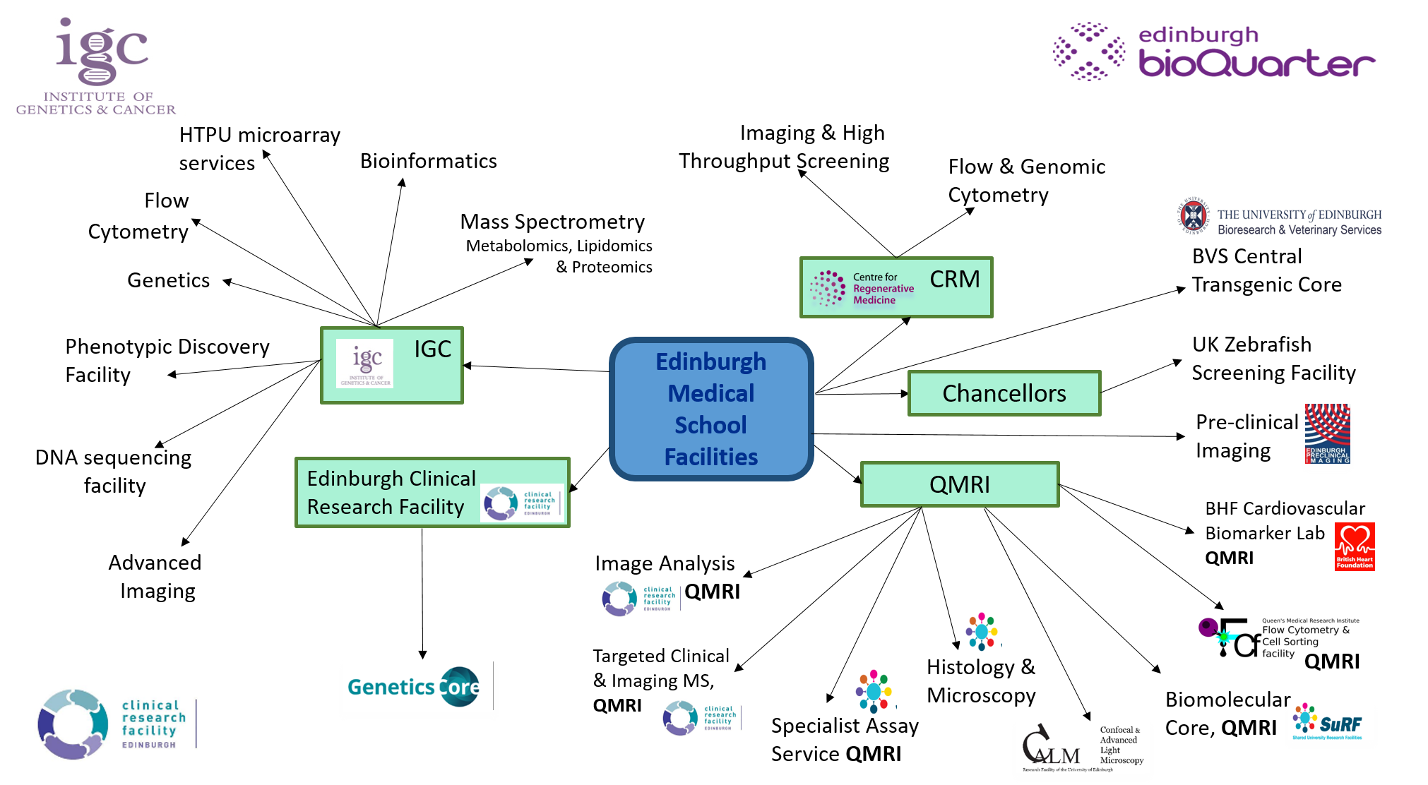 A mind map showing the geographical location of Edinburgh Medical School research facilities divided by campus