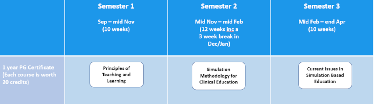 Programme structure for the 1 year PG Certificate in Simulation Based Clinical Education