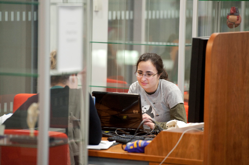 vet postgraduate sat at computer in library